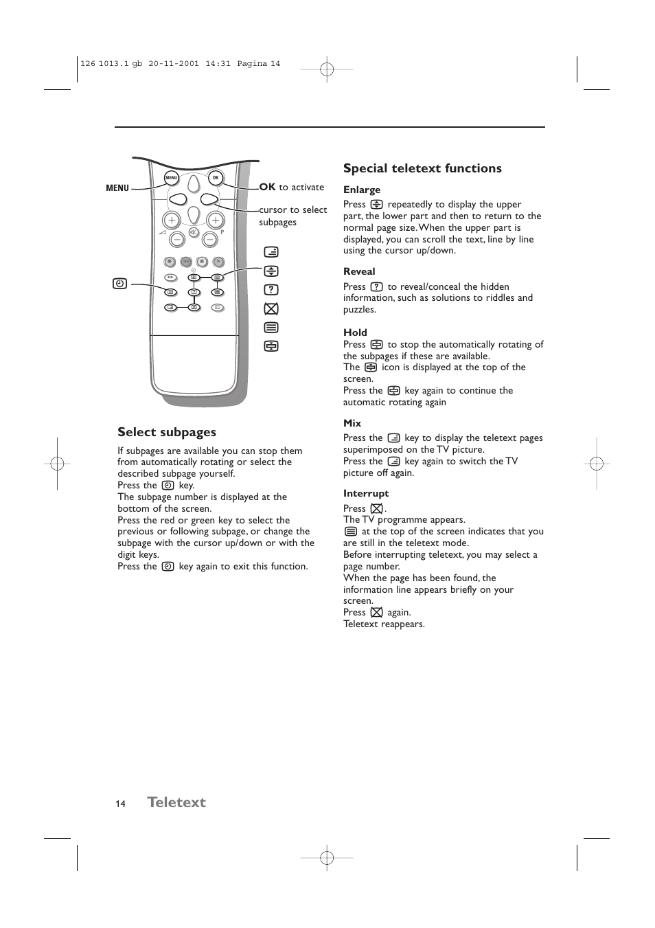 Teletext, Select subpages, Special teletext functions | Philips 20LCD35 User Manual | Page 15 / 142