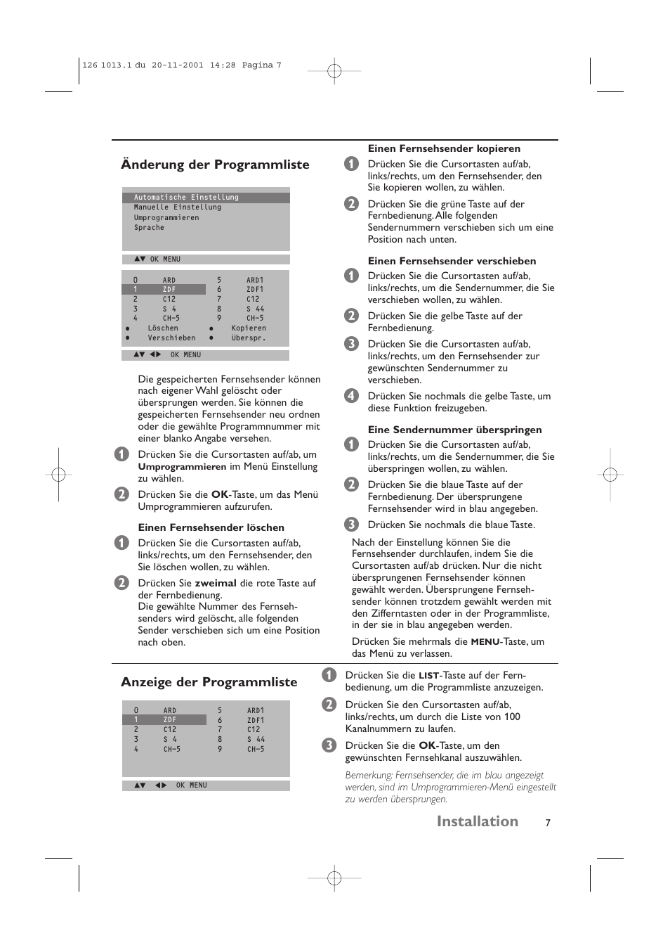 Installation, Änderung der programmliste, Anzeige der programmliste | Philips 20LCD35 User Manual | Page 28 / 142