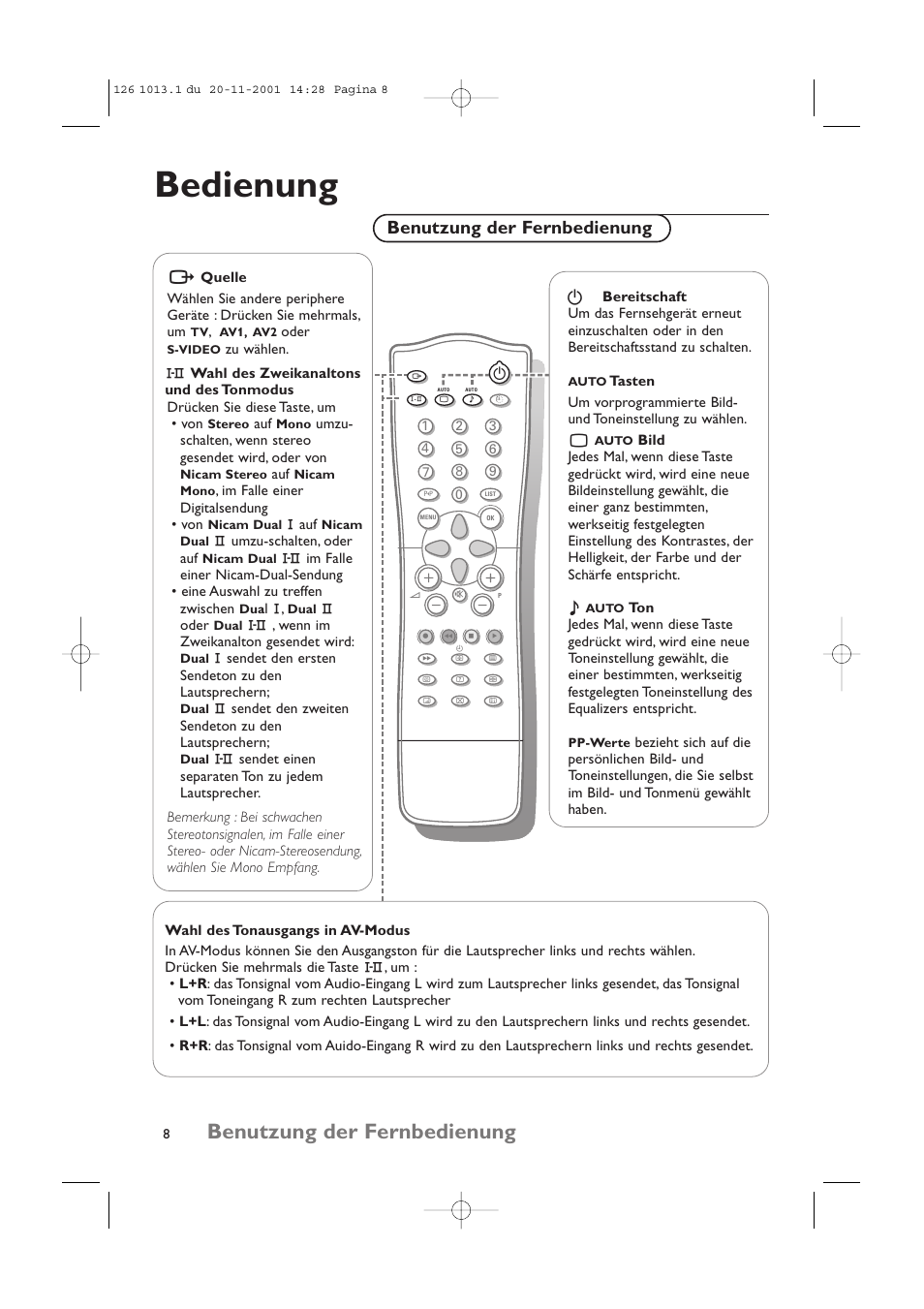 Bedienung, Benutzung der fernbedienung | Philips 20LCD35 User Manual | Page 29 / 142