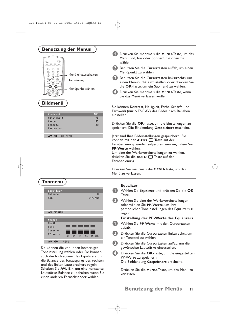 Benutzung der menüs, Bildmenü tonmenü benutzung der menüs | Philips 20LCD35 User Manual | Page 32 / 142