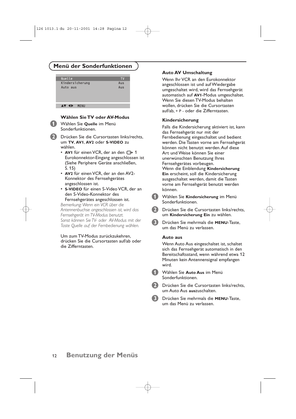 Benutzung der menüs, Menü der sonderfunktionen | Philips 20LCD35 User Manual | Page 33 / 142