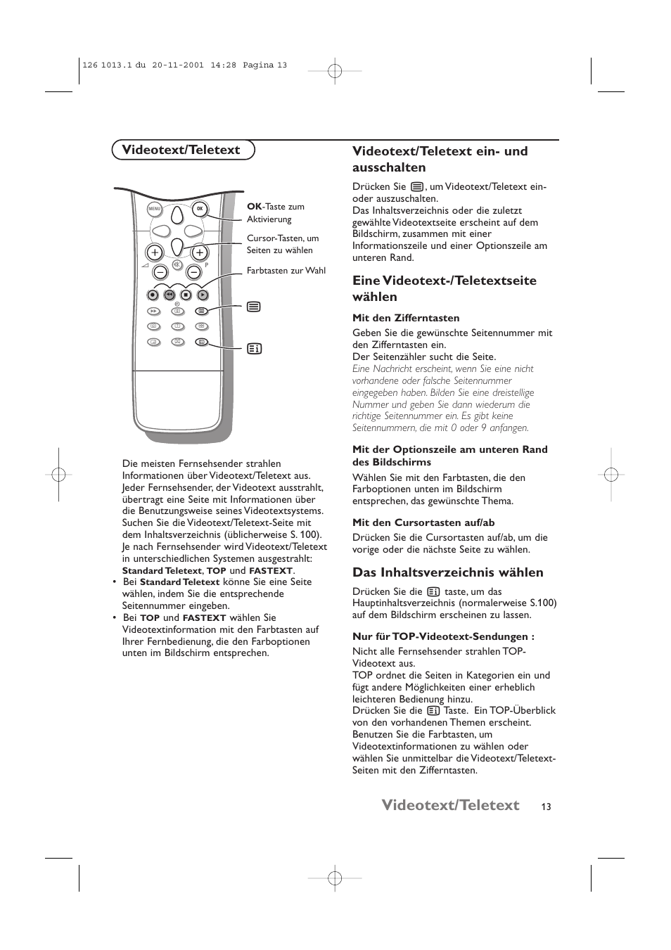 Videotext/teletext, Eine videotext-/teletextseite wählen, Das inhaltsverzeichnis wählen | Philips 20LCD35 User Manual | Page 34 / 142