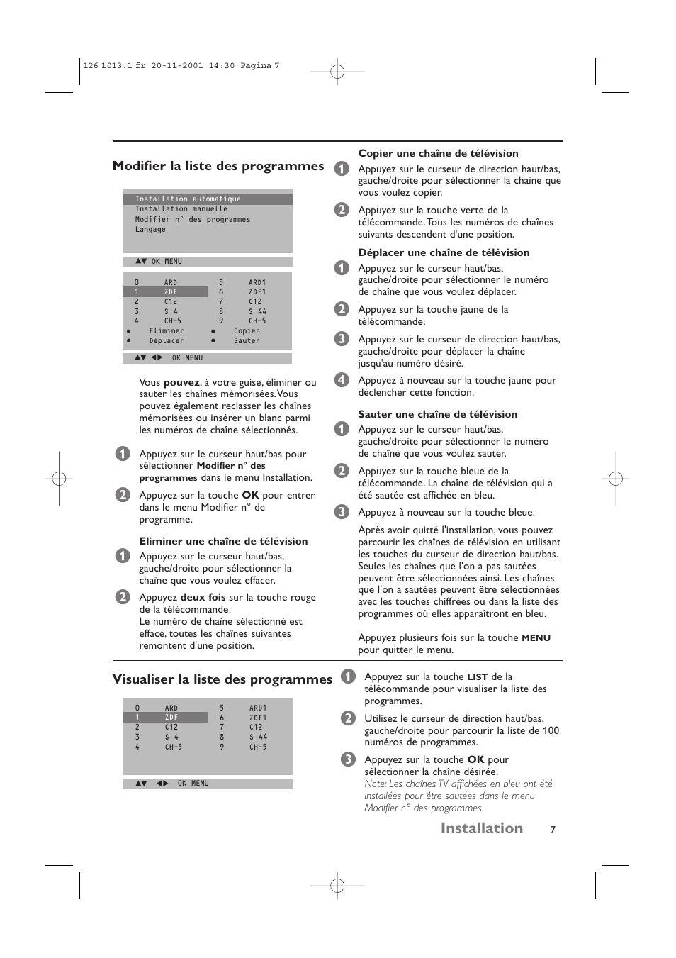 Installation, Modifier la liste des programmes, Visualiser la liste des programmes | Philips 20LCD35 User Manual | Page 48 / 142