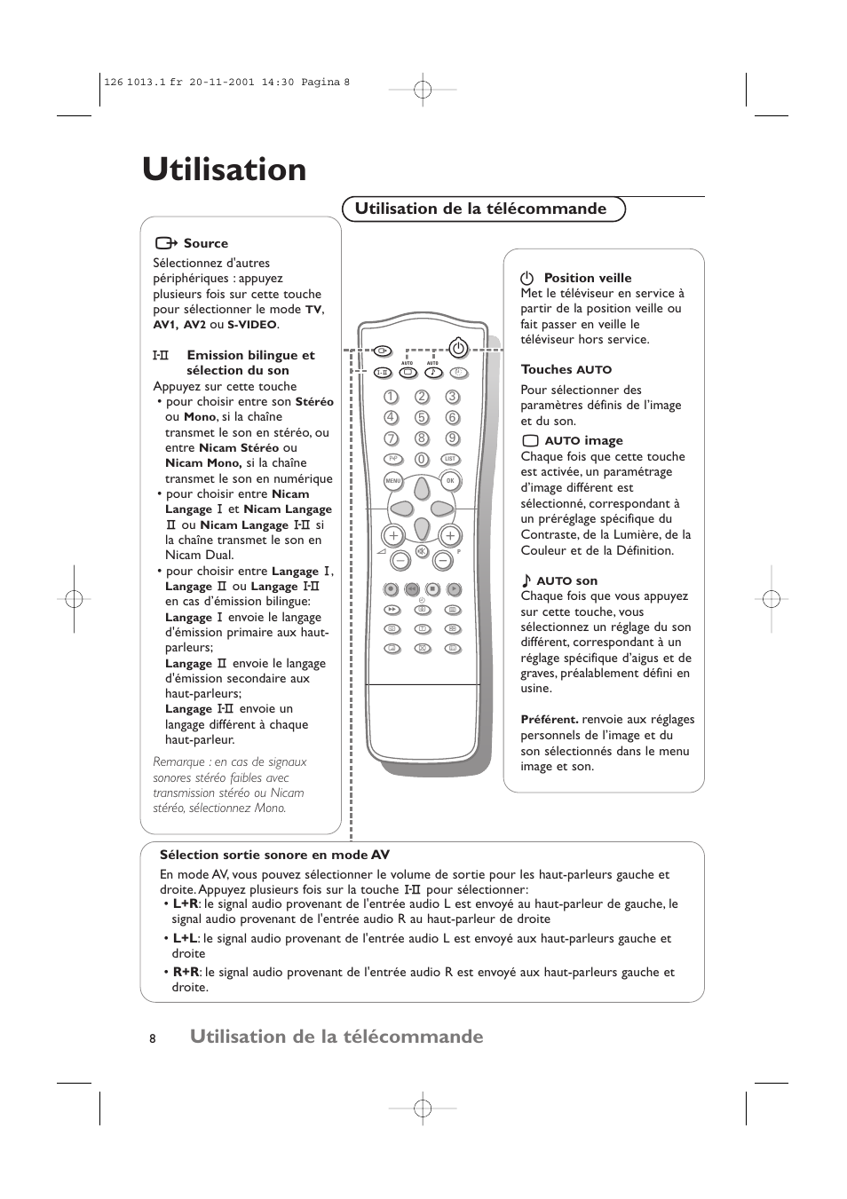 Utilisation, Utilisation de la télécommande | Philips 20LCD35 User Manual | Page 49 / 142