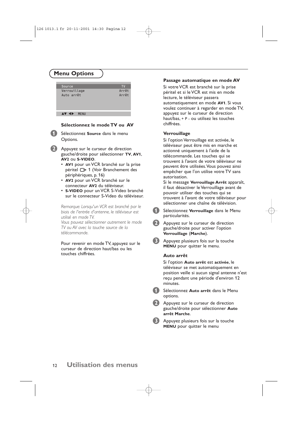 Utilisation des menus, Menu options | Philips 20LCD35 User Manual | Page 53 / 142