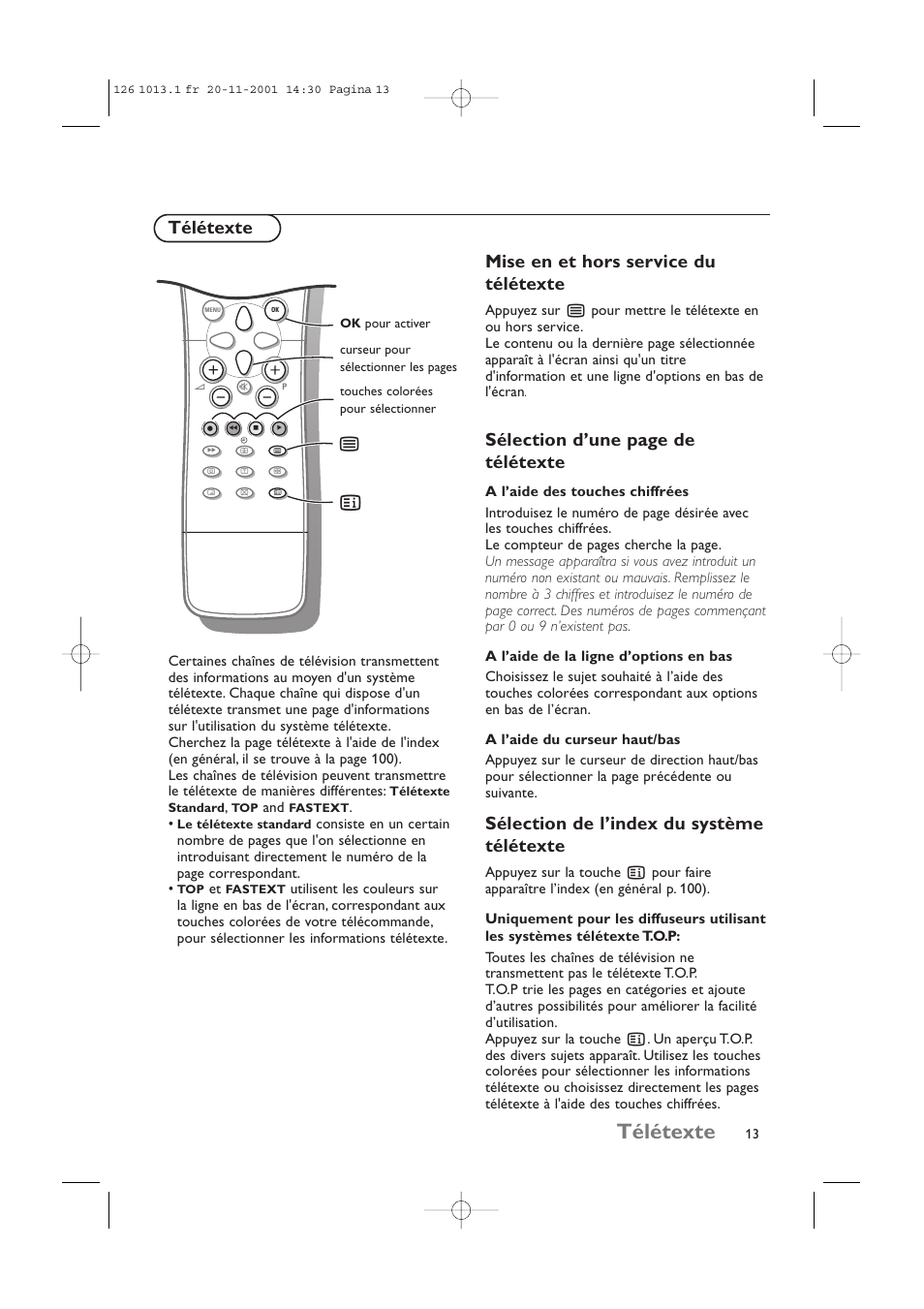 Télétexte, Télétexte mise en et hors service du télétexte, Sélection d’une page de télétexte | Sélection de l’index du système télétexte | Philips 20LCD35 User Manual | Page 54 / 142