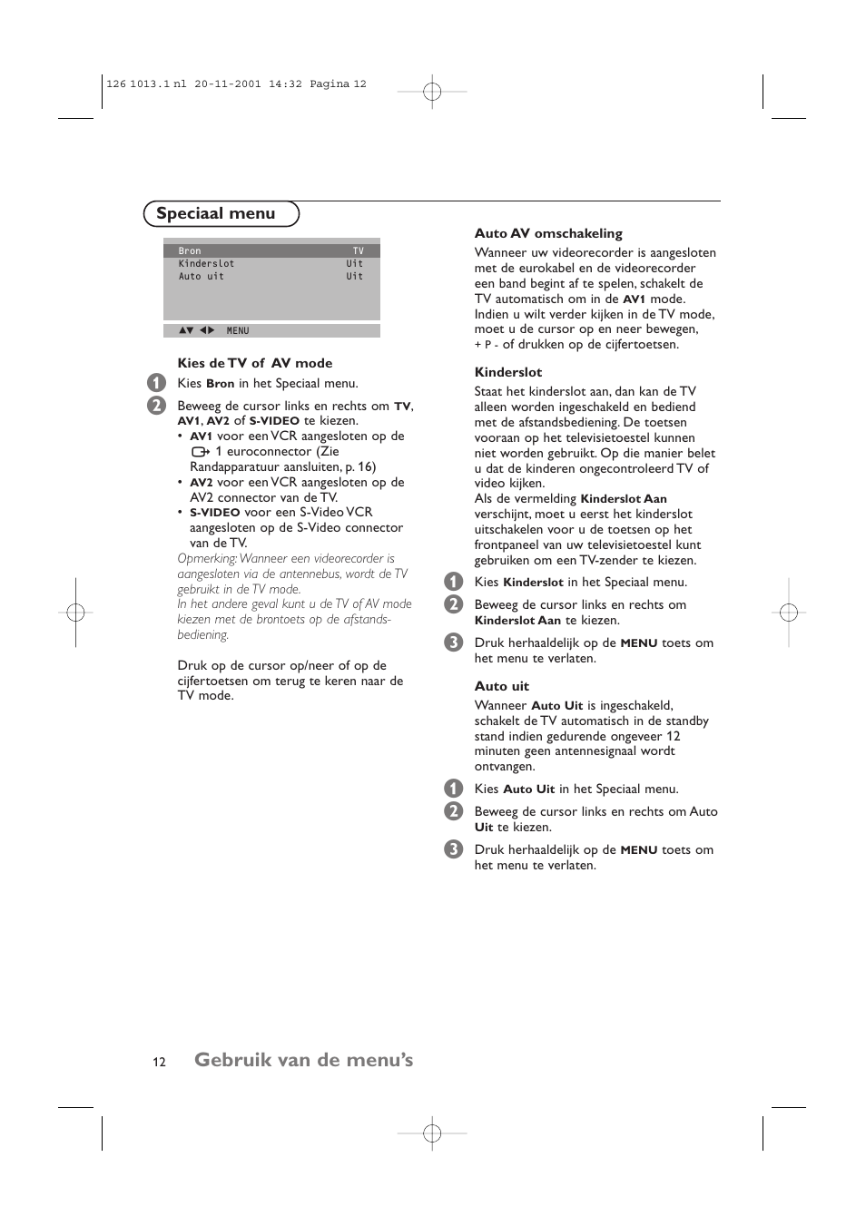 Gebruik van de menu’s, Speciaal menu | Philips 20LCD35 User Manual | Page 73 / 142