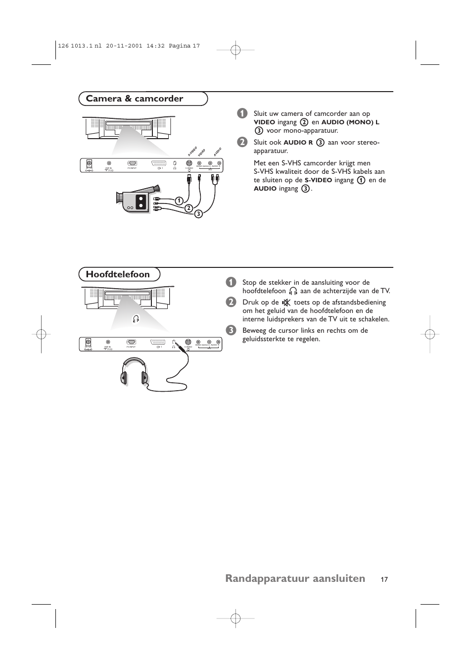 Randapparatuur aansluiten, Hoofdtelefoon, Camera & camcorder | Sluit uw camera of camcorder aan op, Ingang 2 en, 3 voor mono-apparatuur, Sluit ook, Ingang 1 en de, Ingang 3 | Philips 20LCD35 User Manual | Page 78 / 142