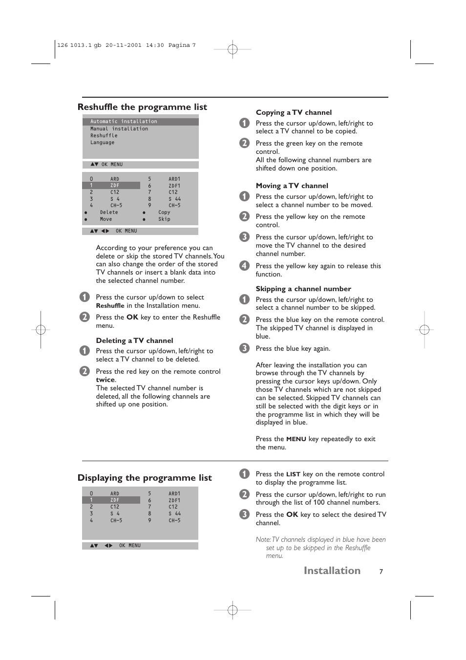 Installation, Reshuffle the programme list, Displaying the programme list | Philips 20LCD35 User Manual | Page 8 / 142