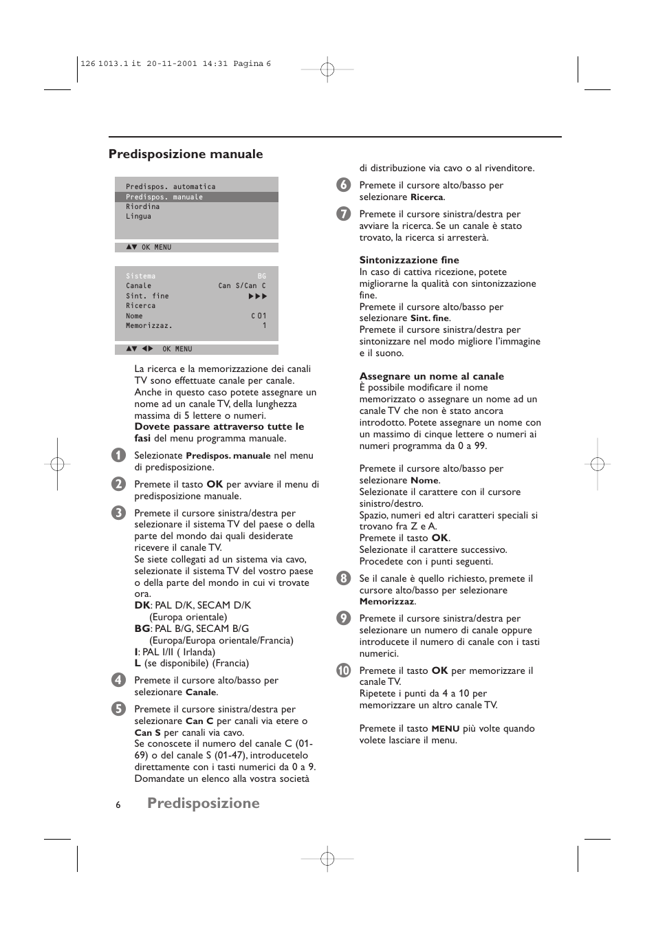 Predisposizione, Predisposizione manuale | Philips 20LCD35 User Manual | Page 87 / 142