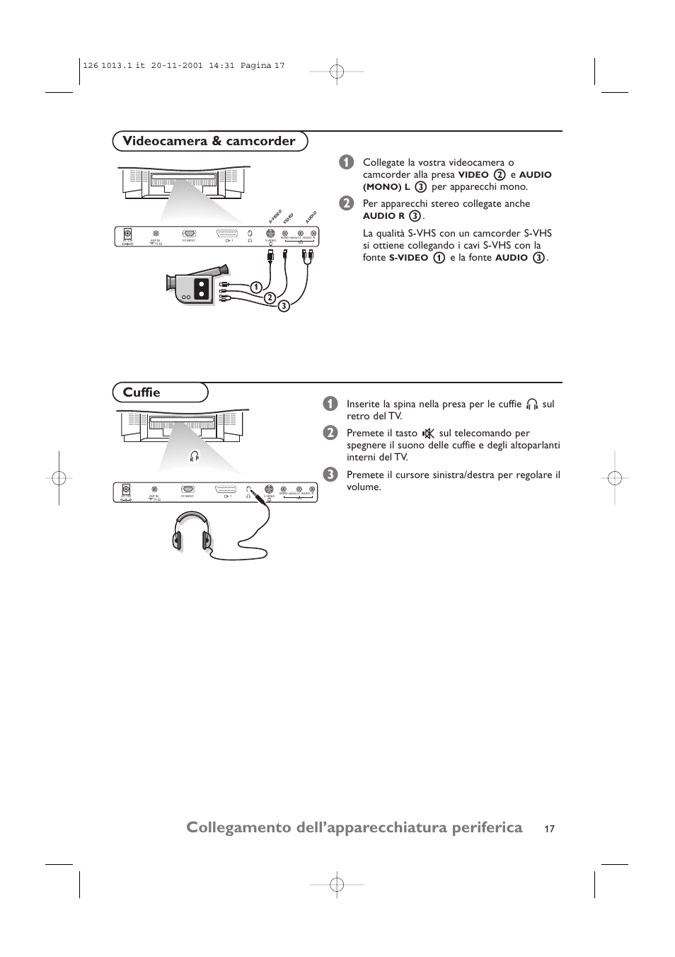 Collegamento dell’apparecchiatura periferica, Cuffie, Videocamera & camcorder | 3 per apparecchi mono, Per apparecchi stereo collegate anche, 1 e la fonte | Philips 20LCD35 User Manual | Page 98 / 142