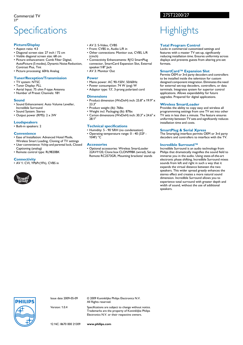 Specifications, Highlights | Philips 27ST2200-27 User Manual | Page 2 / 2