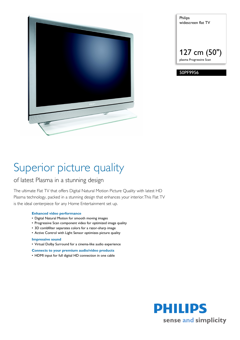 Philips widescreen flat TV 50PF9956 127 cm 50" plasma Progressive Scan User Manual | 2 pages