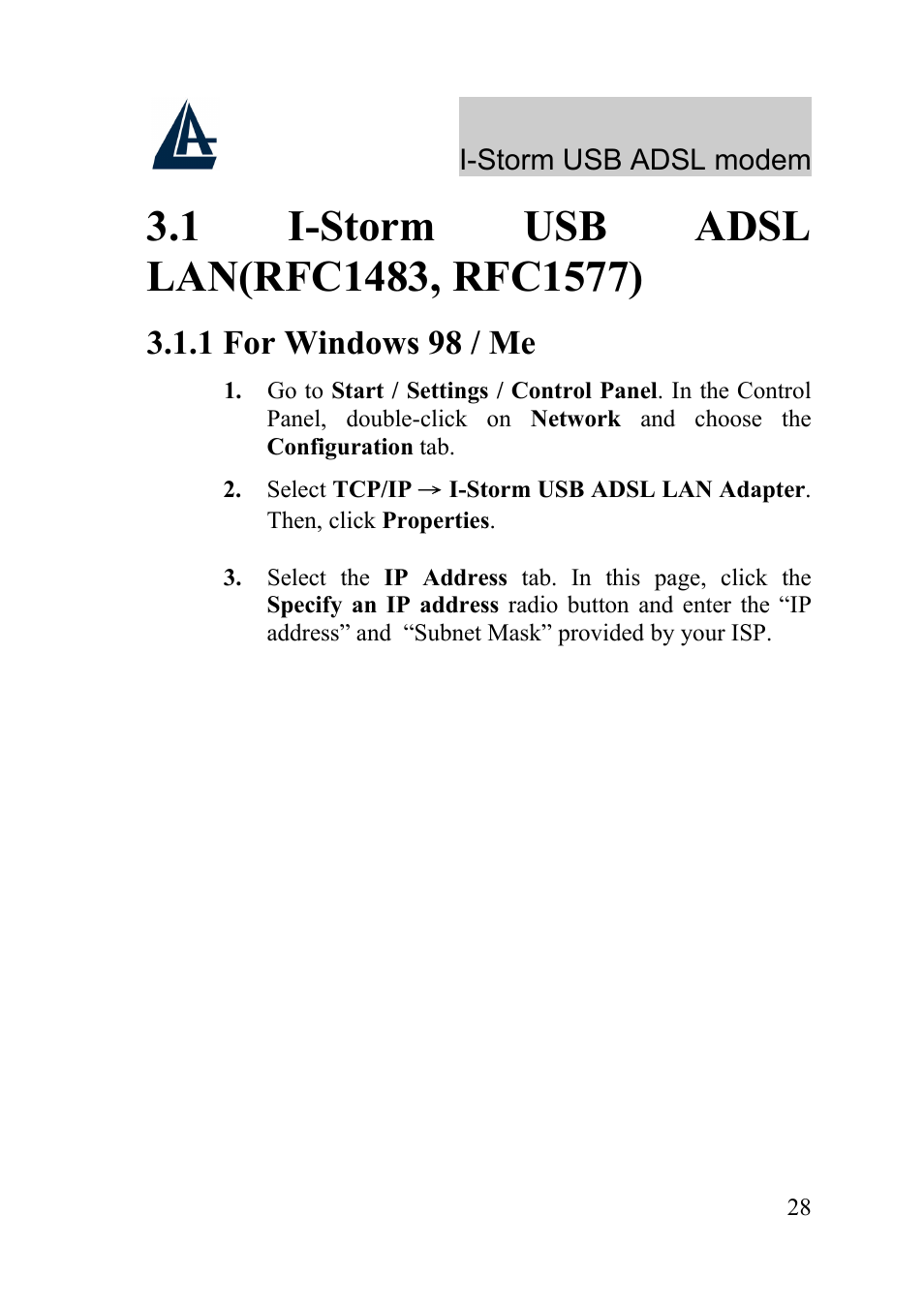 1 for windows 98 / me | Atlantis Land I-Storm USB ADSL Modem A01-AU1 User Manual | Page 32 / 61