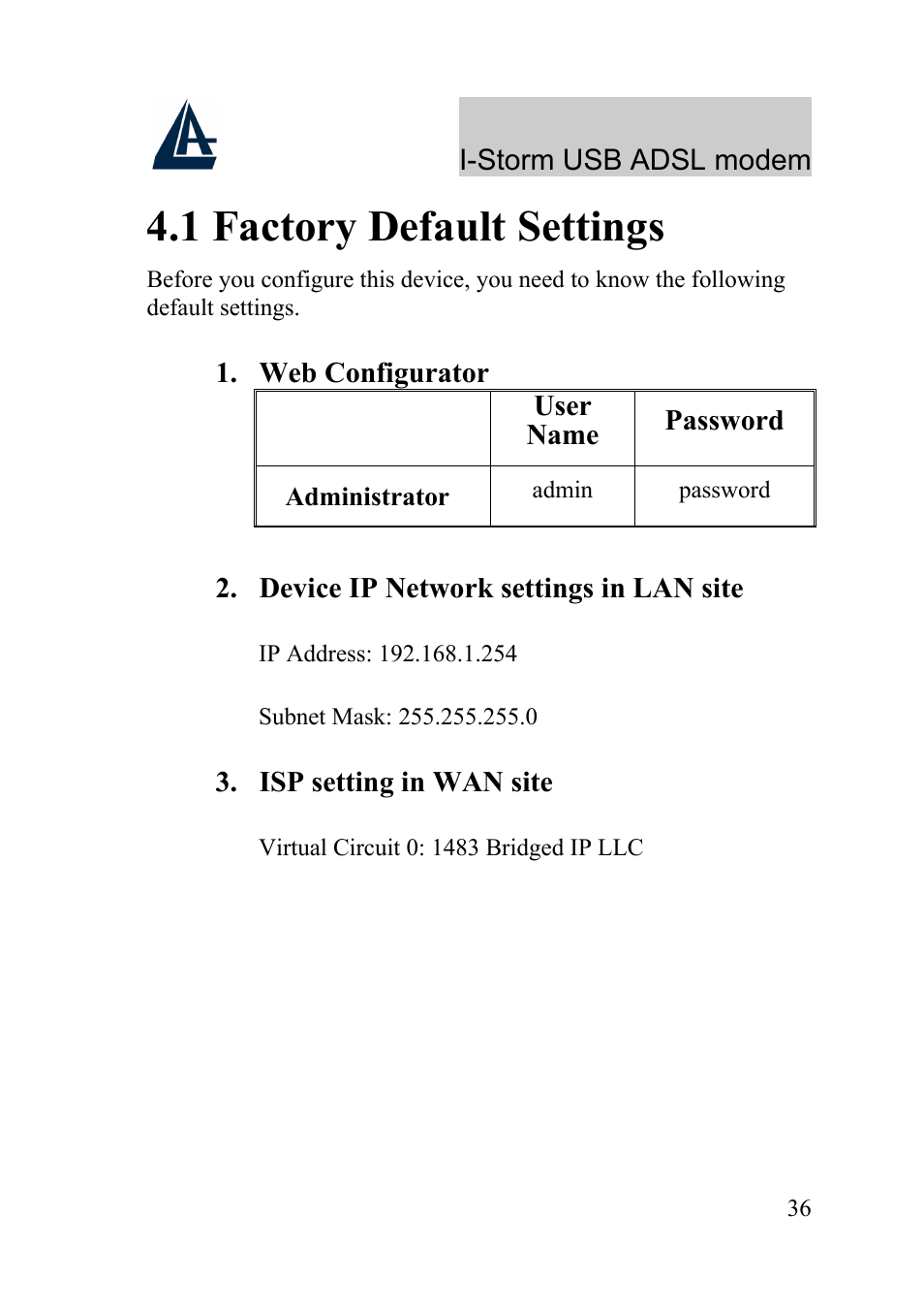 1 factory default settings | Atlantis Land I-Storm USB ADSL Modem A01-AU1 User Manual | Page 40 / 61
