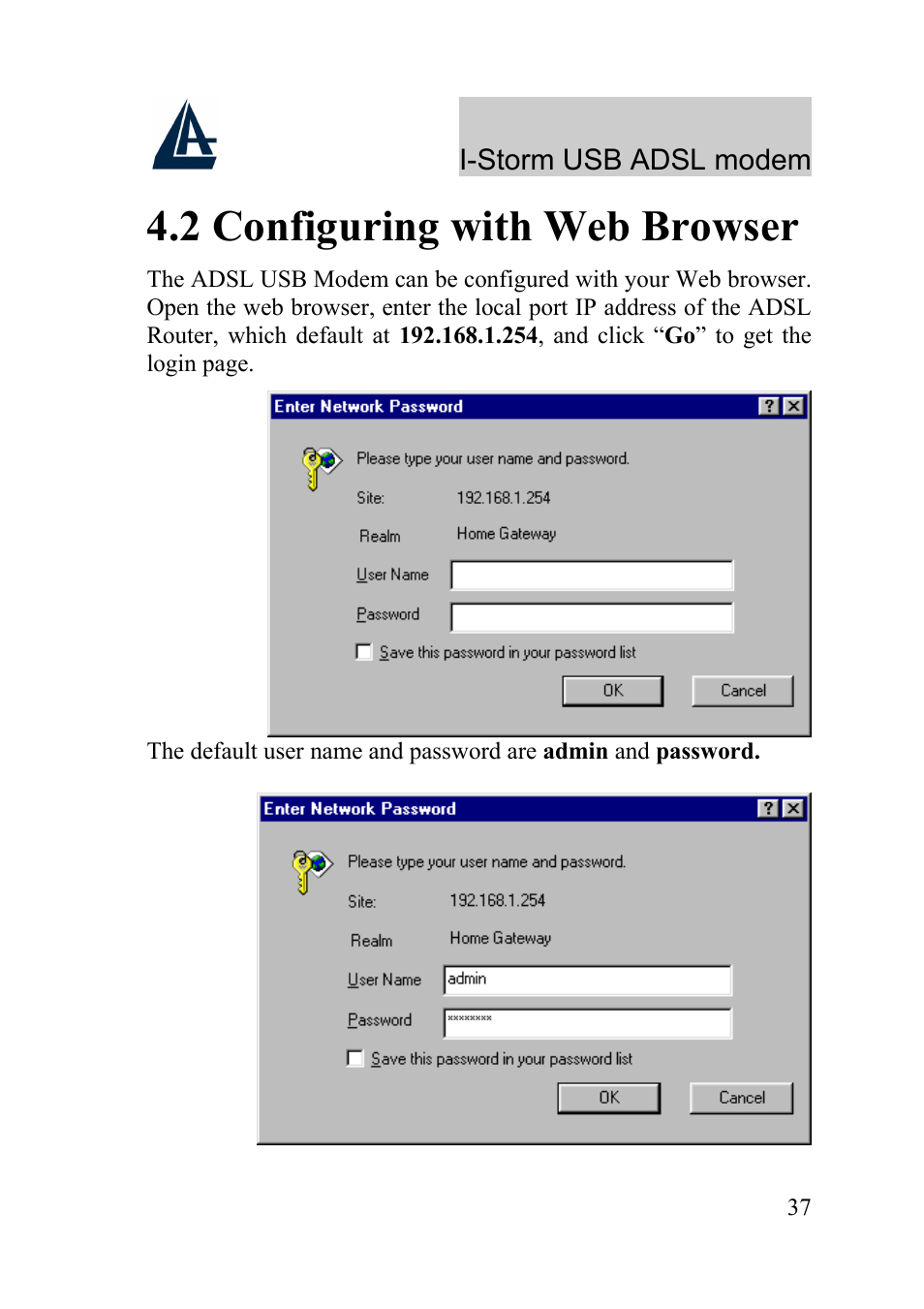 2 configuring with web browser | Atlantis Land I-Storm USB ADSL Modem A01-AU1 User Manual | Page 41 / 61