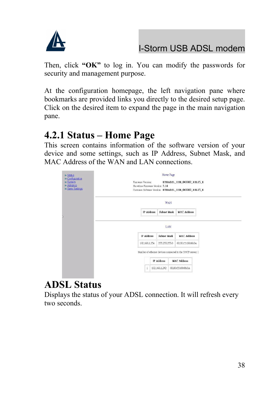 1 status – home page, Adsl status | Atlantis Land I-Storm USB ADSL Modem A01-AU1 User Manual | Page 42 / 61