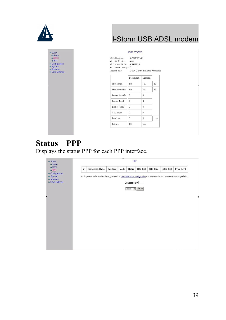 Status – ppp | Atlantis Land I-Storm USB ADSL Modem A01-AU1 User Manual | Page 43 / 61