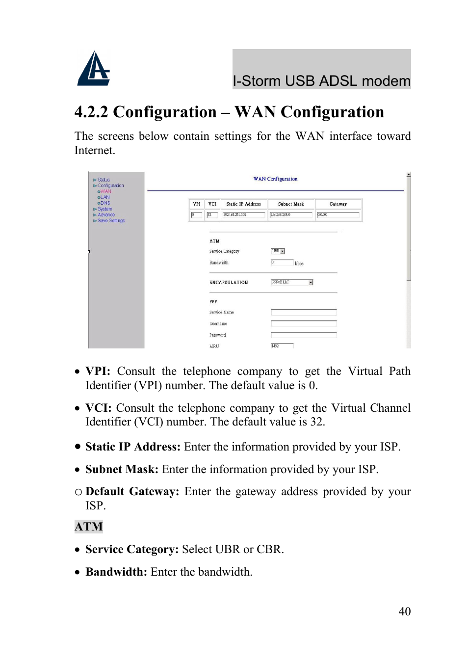 2 configuration – wan configuration | Atlantis Land I-Storm USB ADSL Modem A01-AU1 User Manual | Page 44 / 61