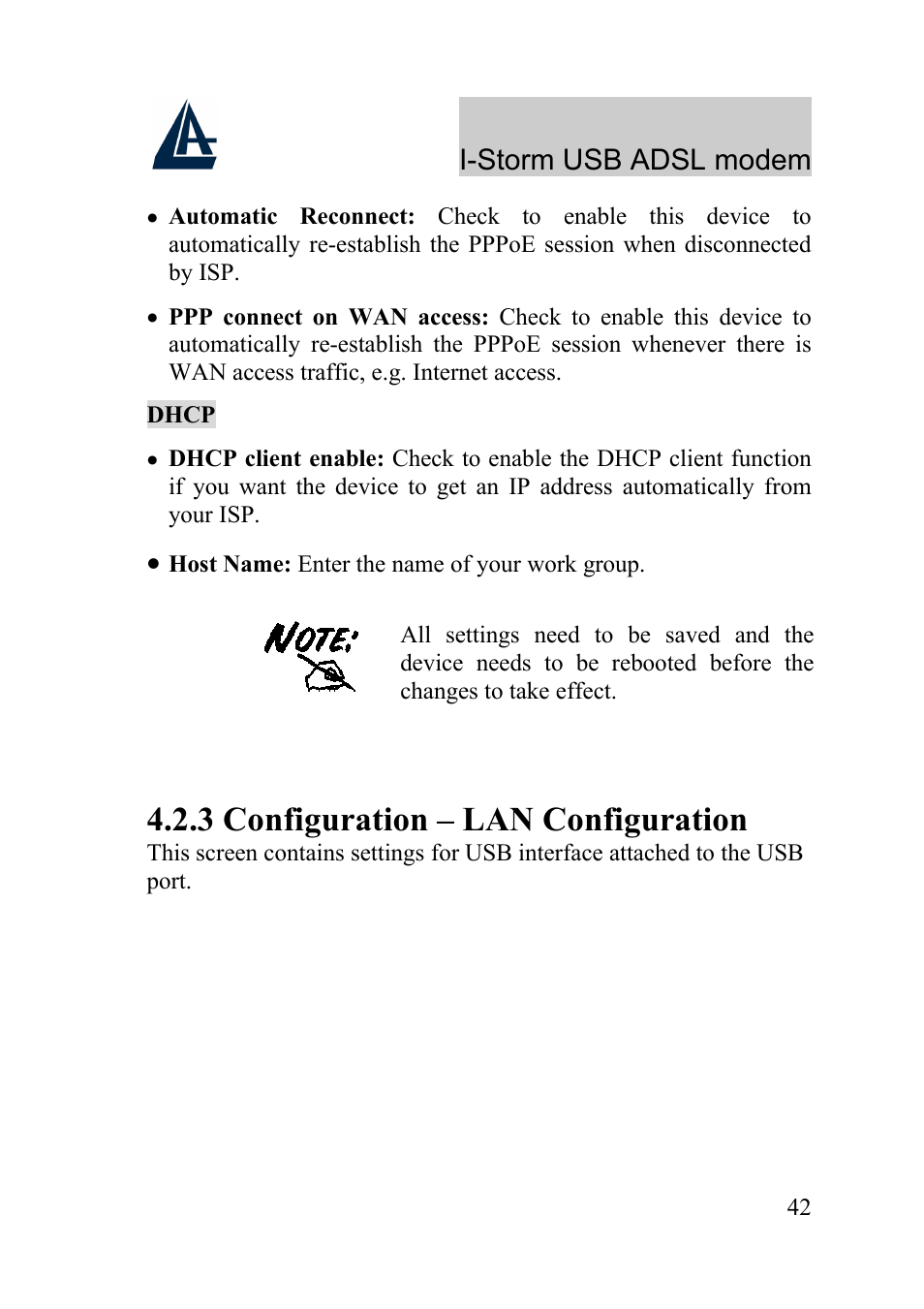 3 configuration – lan configuration, I-storm usb adsl modem | Atlantis Land I-Storm USB ADSL Modem A01-AU1 User Manual | Page 46 / 61