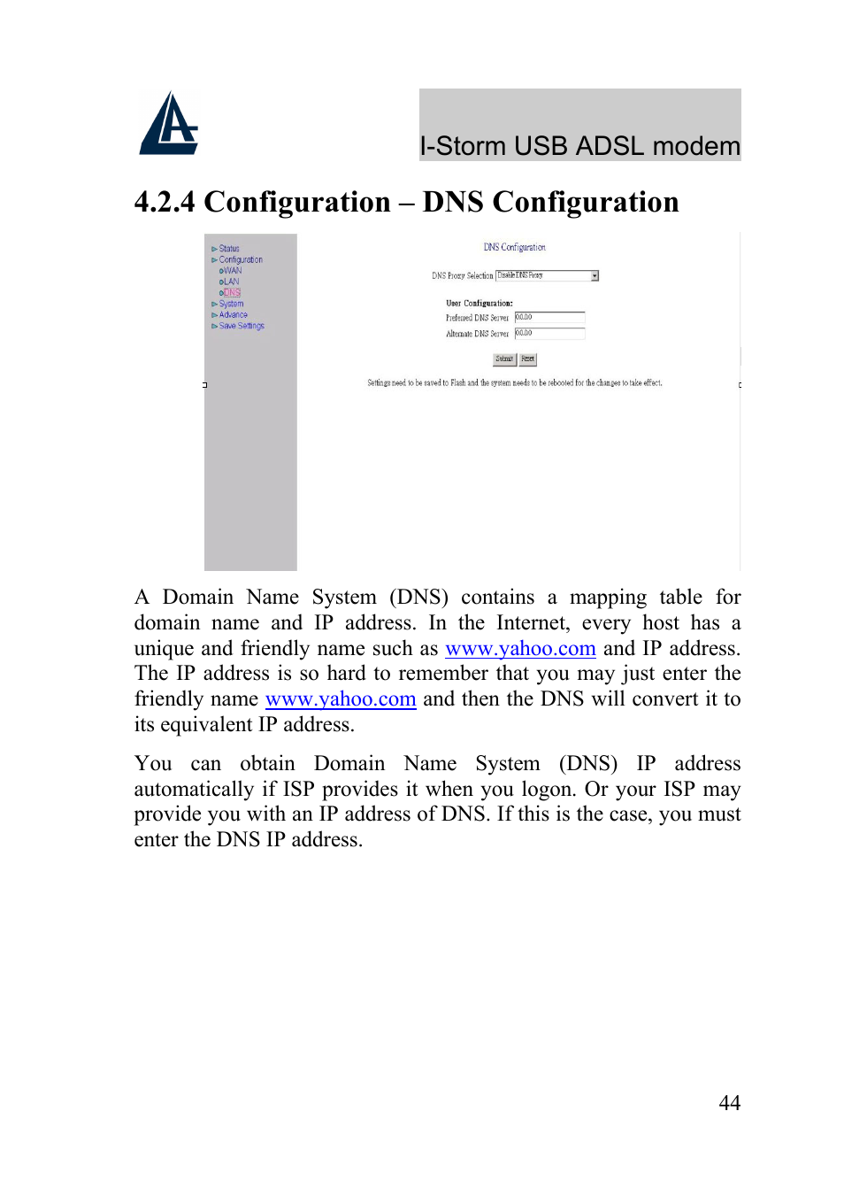 4 configuration – dns configuration | Atlantis Land I-Storm USB ADSL Modem A01-AU1 User Manual | Page 48 / 61