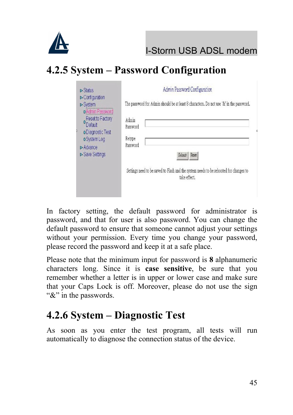 5 system – password configuration, 6 system – diagnostic test | Atlantis Land I-Storm USB ADSL Modem A01-AU1 User Manual | Page 49 / 61