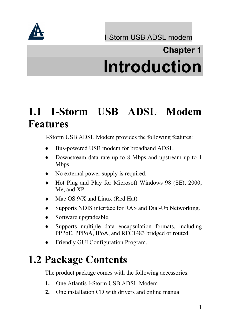 Introduction, 1 i-storm usb adsl modem features, 2 package contents | Atlantis Land I-Storm USB ADSL Modem A01-AU1 User Manual | Page 5 / 61