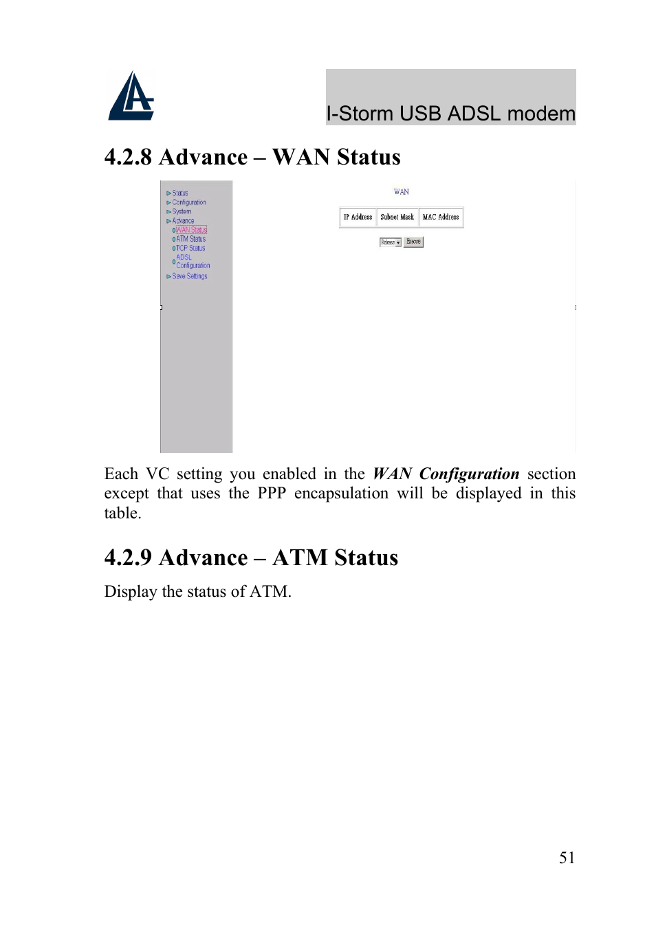 8 advance – wan status, 9 advance – atm status | Atlantis Land I-Storm USB ADSL Modem A01-AU1 User Manual | Page 55 / 61