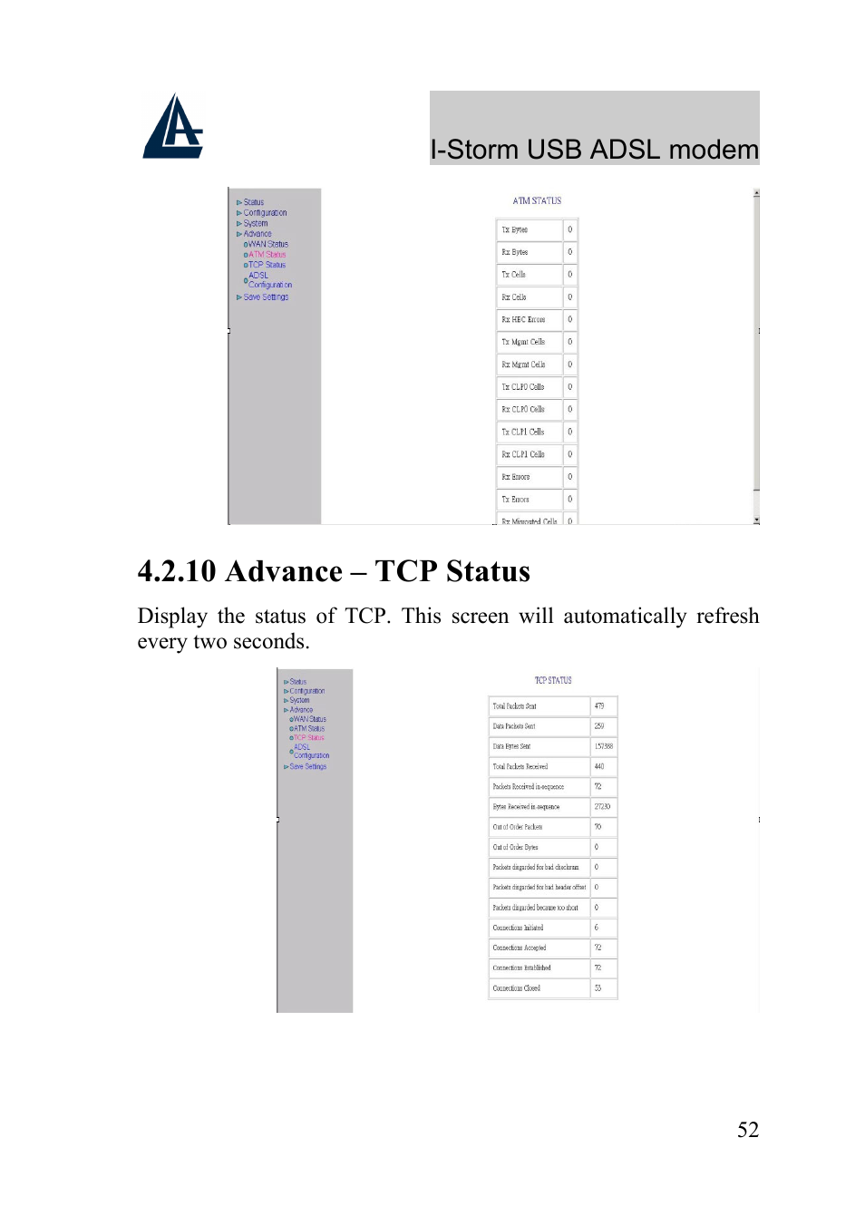 10 advance – tcp status | Atlantis Land I-Storm USB ADSL Modem A01-AU1 User Manual | Page 56 / 61