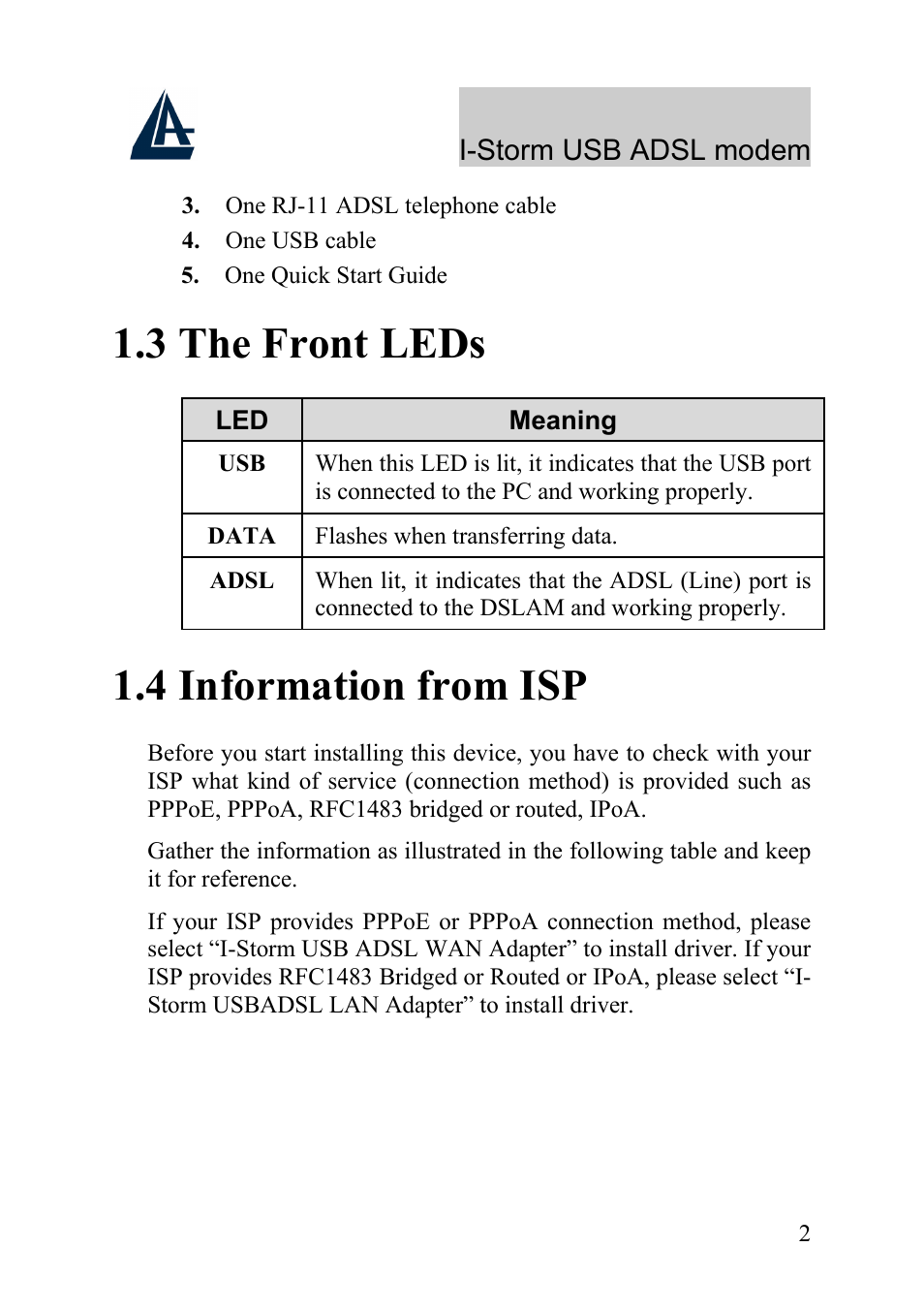 3 the front leds, 4 information from isp | Atlantis Land I-Storm USB ADSL Modem A01-AU1 User Manual | Page 6 / 61