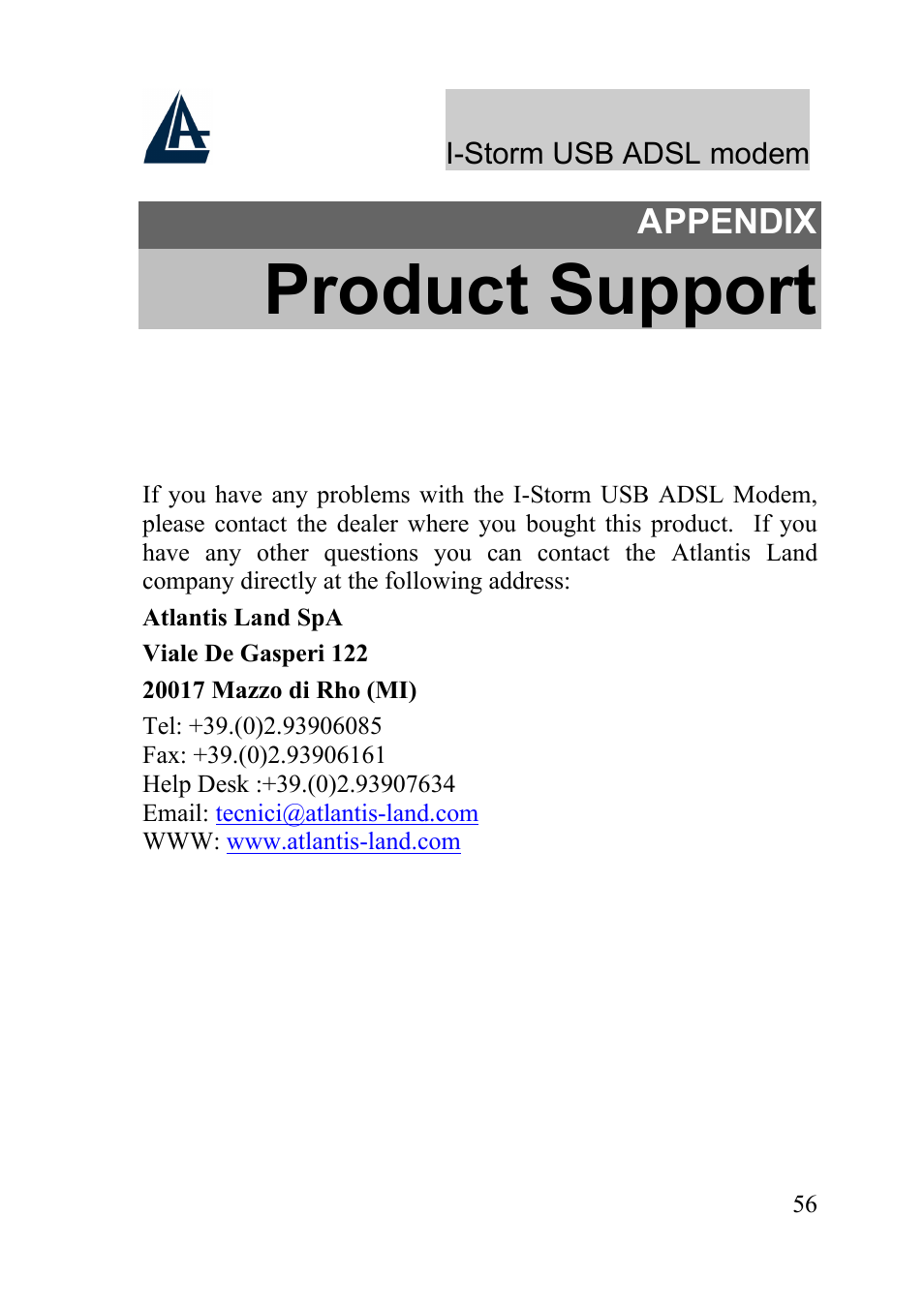 Product support, Appendix | Atlantis Land I-Storm USB ADSL Modem A01-AU1 User Manual | Page 60 / 61