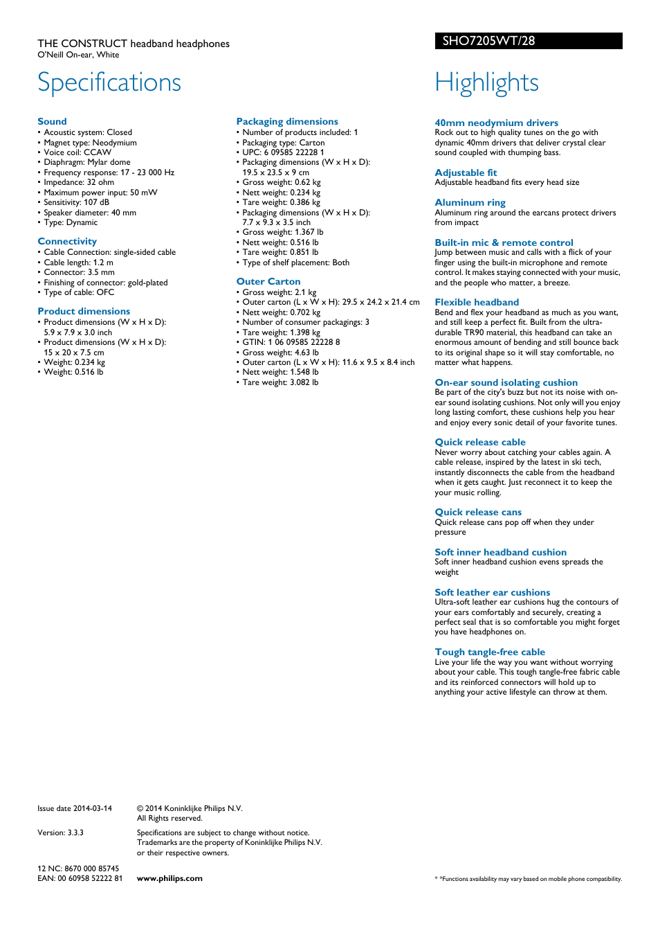 Specifications, Highlights | Philips SHO7205WT-28 User Manual | Page 2 / 2