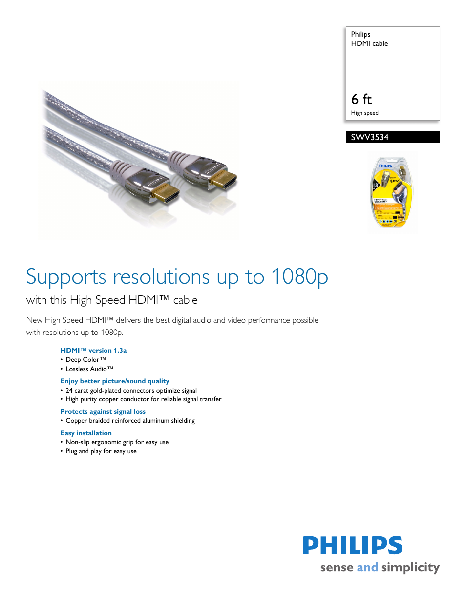 Philips HDMI cable SWV3534 6 ft High speed User Manual | 2 pages