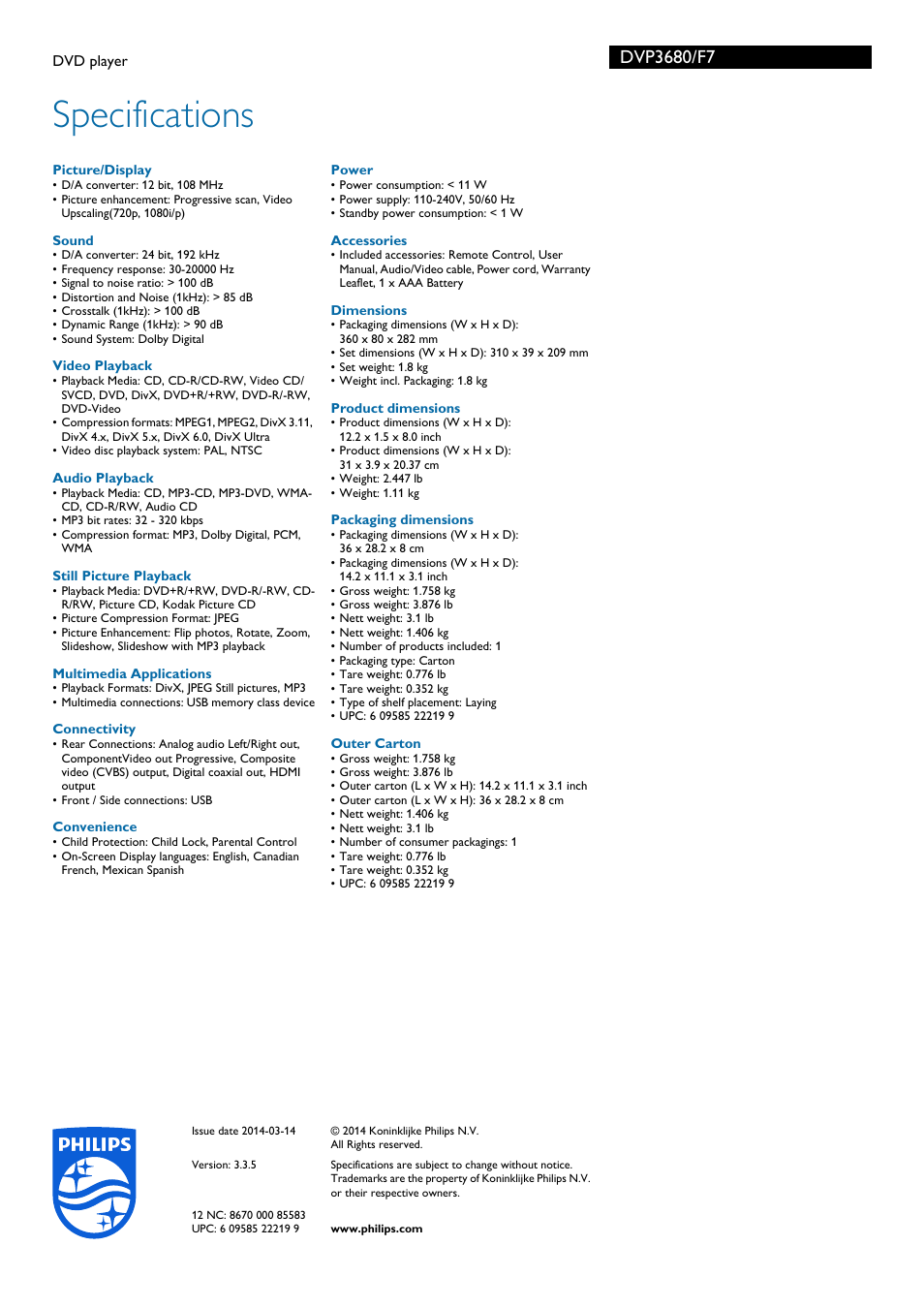 Specifications | Philips DVP3680-F7 User Manual | Page 3 / 3