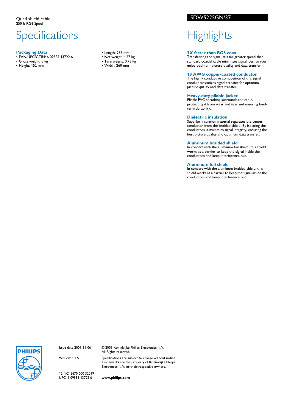 Specifications, Highlights | Philips SDW5225GN-37 User Manual | Page 2 / 2