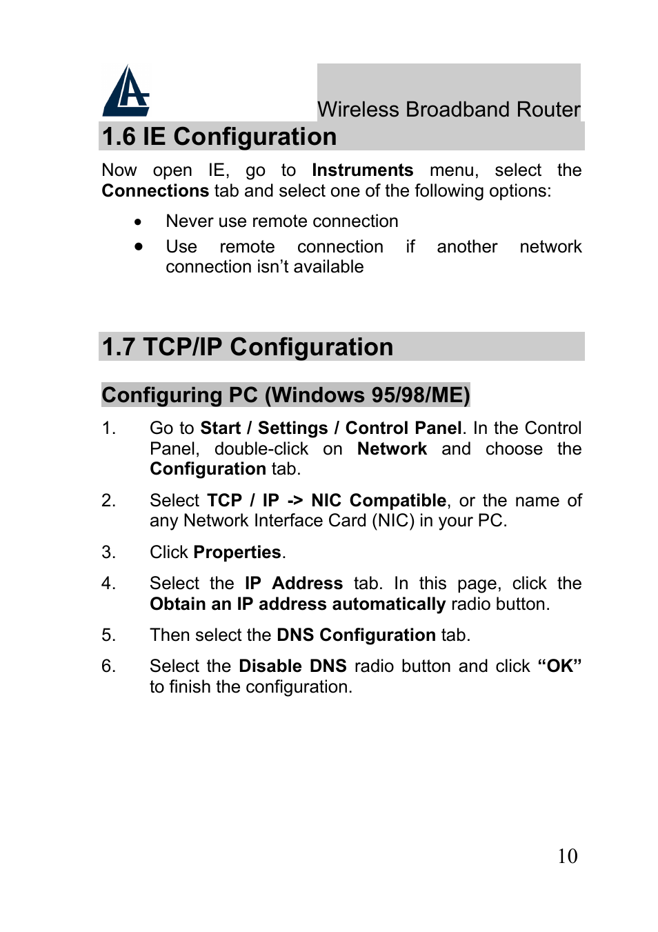 6 ie configuration, 7 tcp/ip configuration, Wireless broadband router | Configuring pc (windows 95/98/me) | Atlantis Land A02-RB-W54_GE01 User Manual | Page 10 / 22