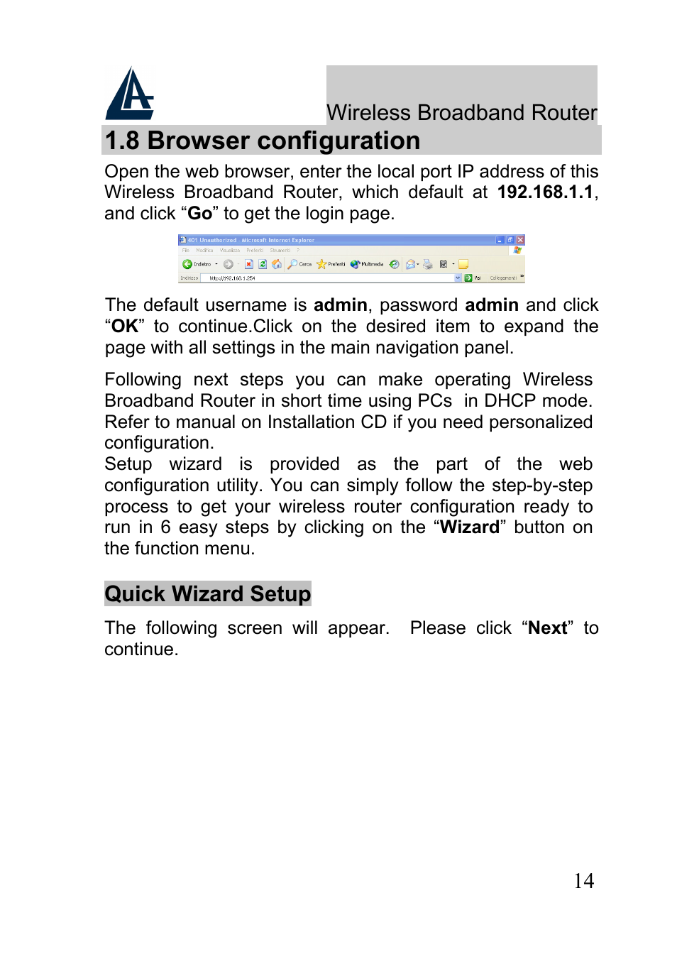 8 browser configuration, Wireless broadband router, Quick wizard setup | Atlantis Land A02-RB-W54_GE01 User Manual | Page 14 / 22