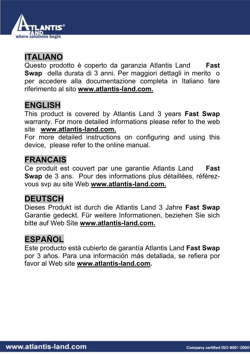 Italiano, English, Francais | Deutsch, Español | Atlantis Land A02-RB-W54_GE01 User Manual | Page 2 / 22