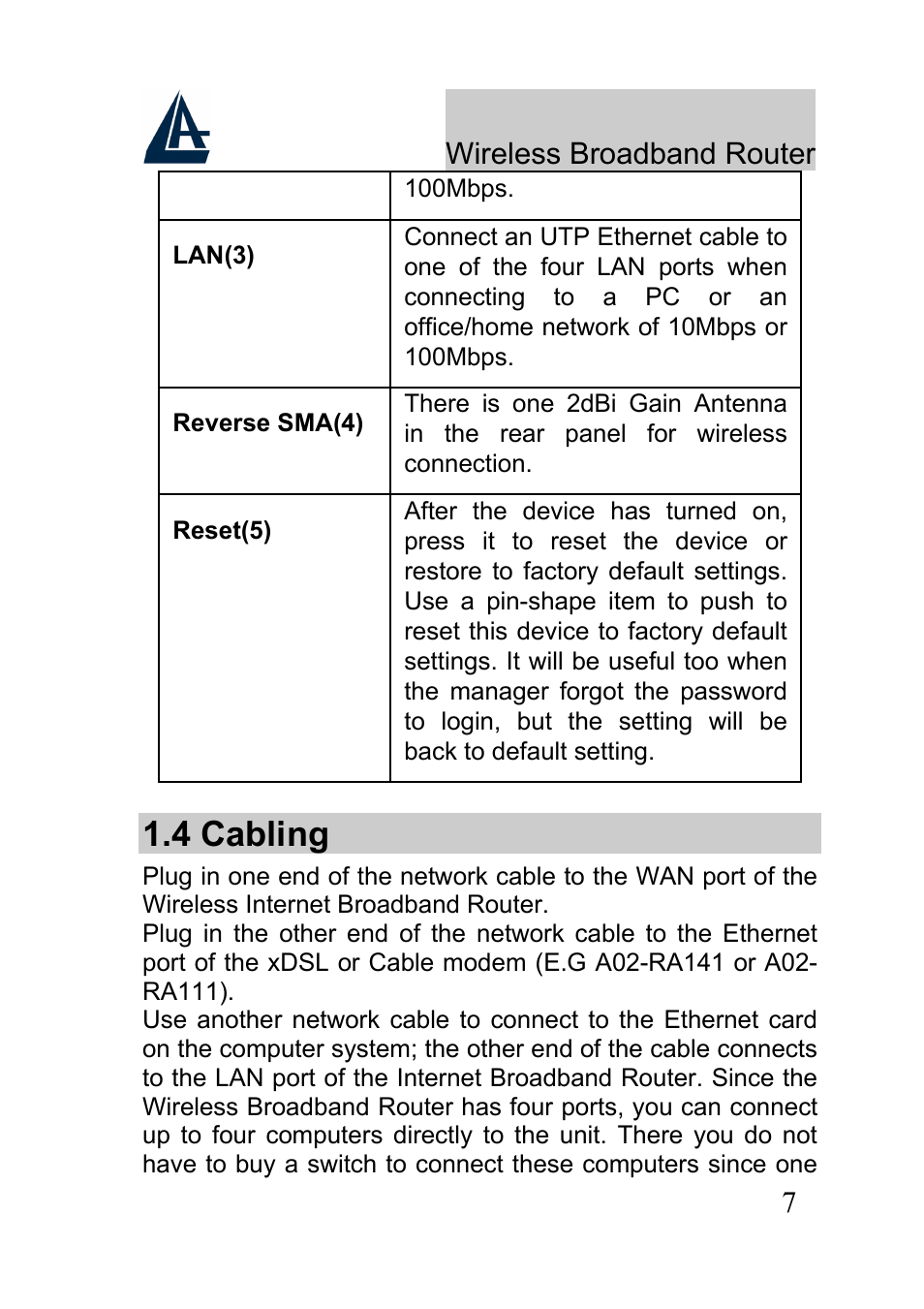 4 cabling, Wireless broadband router | Atlantis Land A02-RB-W54_GE01 User Manual | Page 7 / 22