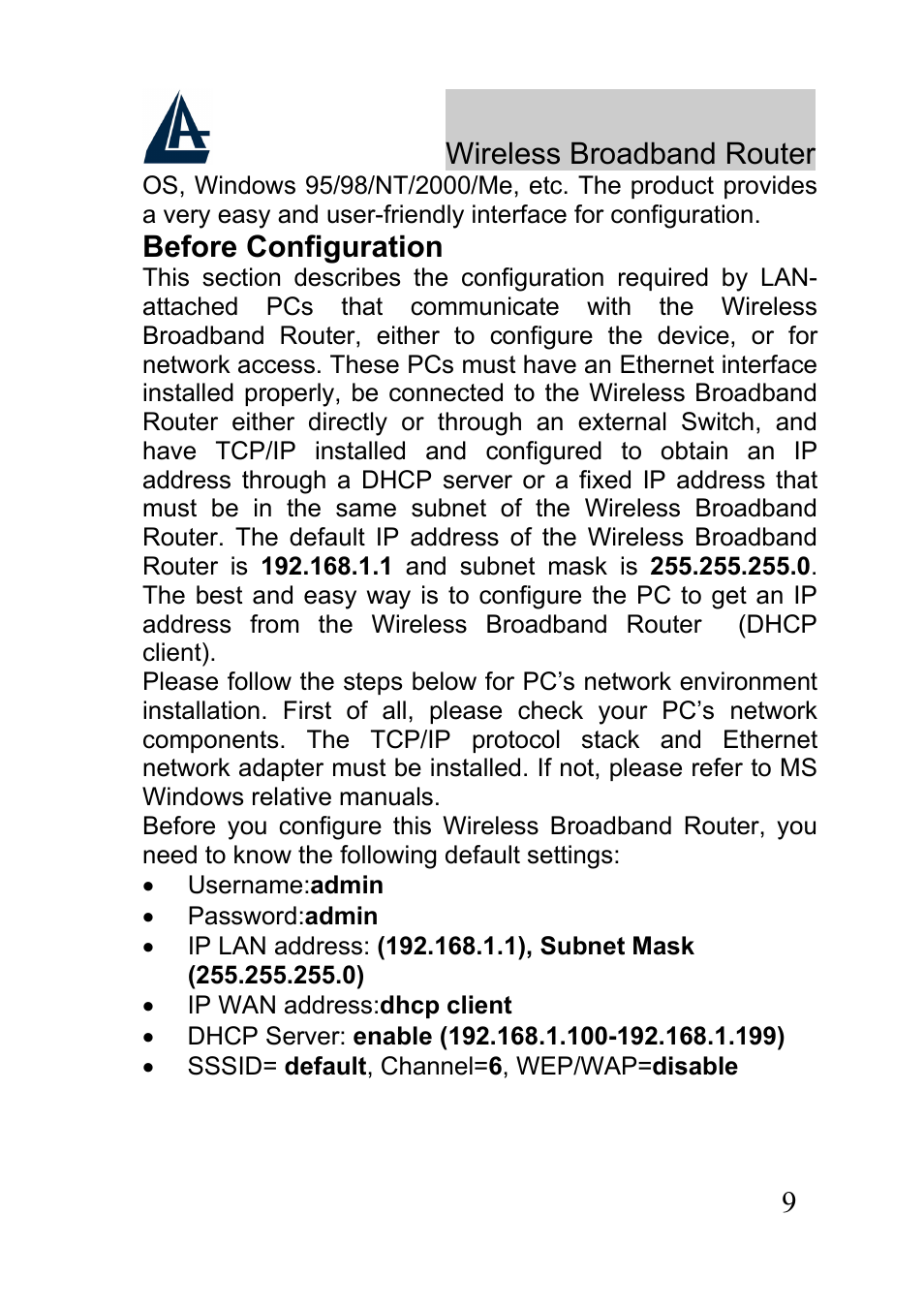 Wireless broadband router, Before configuration | Atlantis Land A02-RB-W54_GE01 User Manual | Page 9 / 22
