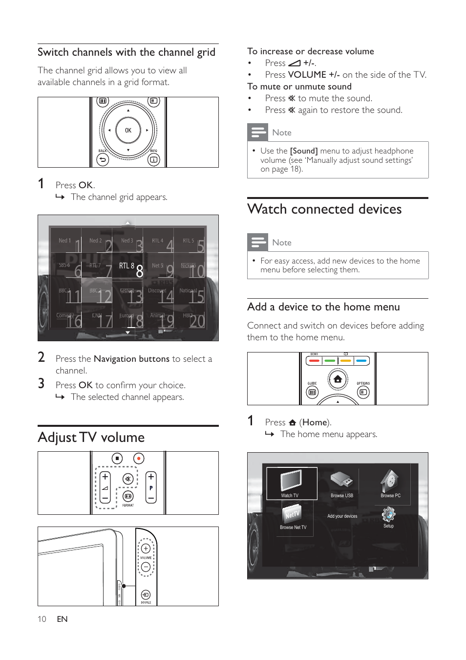 Watch connected devices, Adjust tv volume | Philips 32PFL7694H-12 User Manual | Page 11 / 76