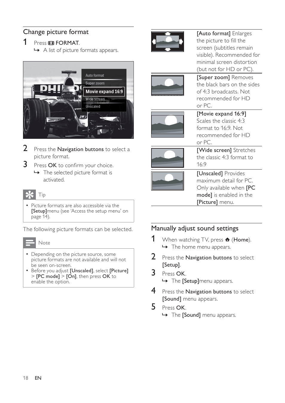 Manually adjust sound settings, Change picture format | Philips 32PFL7694H-12 User Manual | Page 19 / 76