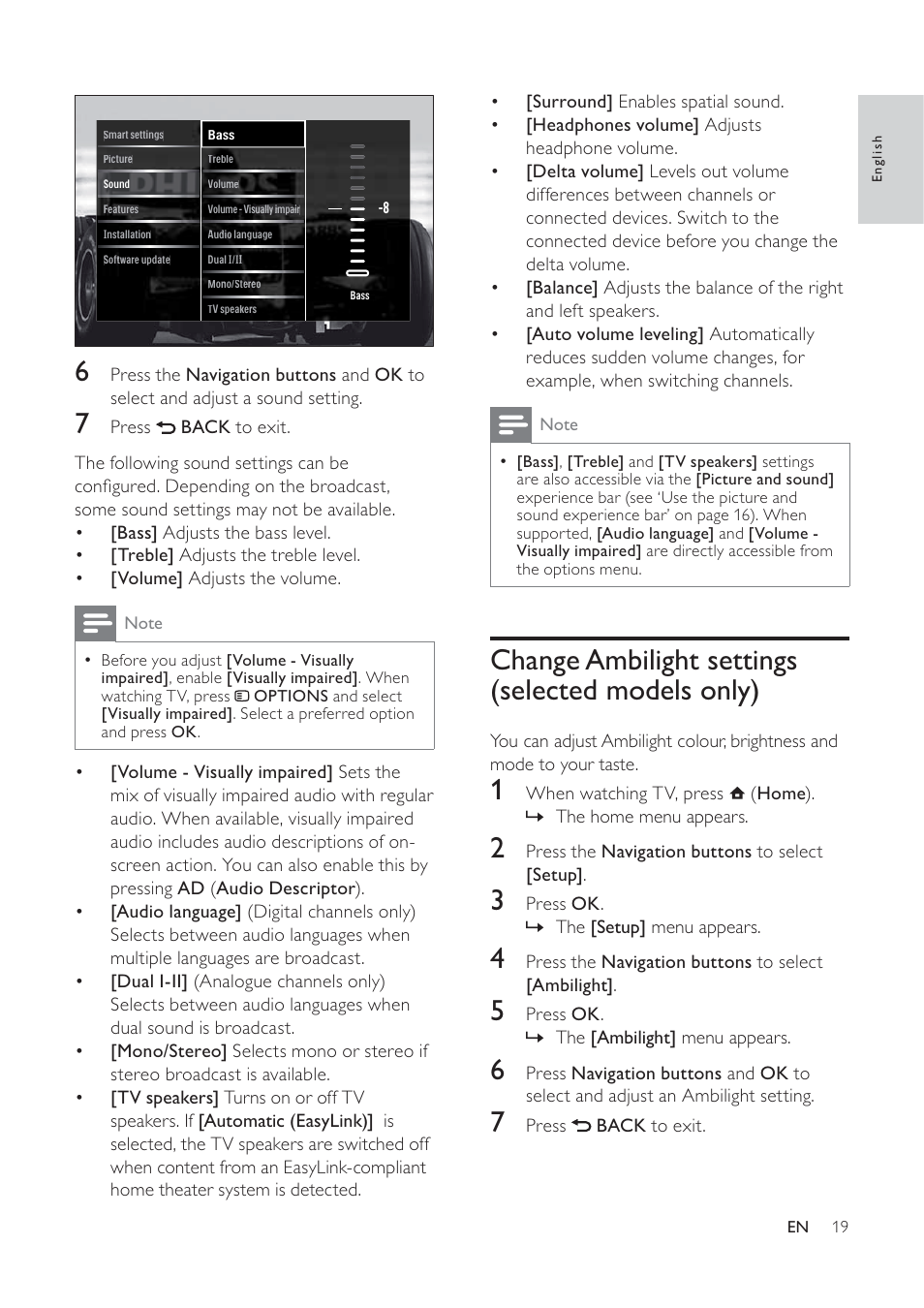 Change ambilight settings (selected models only), Press the navigation buttons to select [setup, Press ok. the » [setup] menu appears | Press the navigation buttons to select [ambilight, Press ok. the » [ambilight] menu appears, Press back to exit | Philips 32PFL7694H-12 User Manual | Page 20 / 76