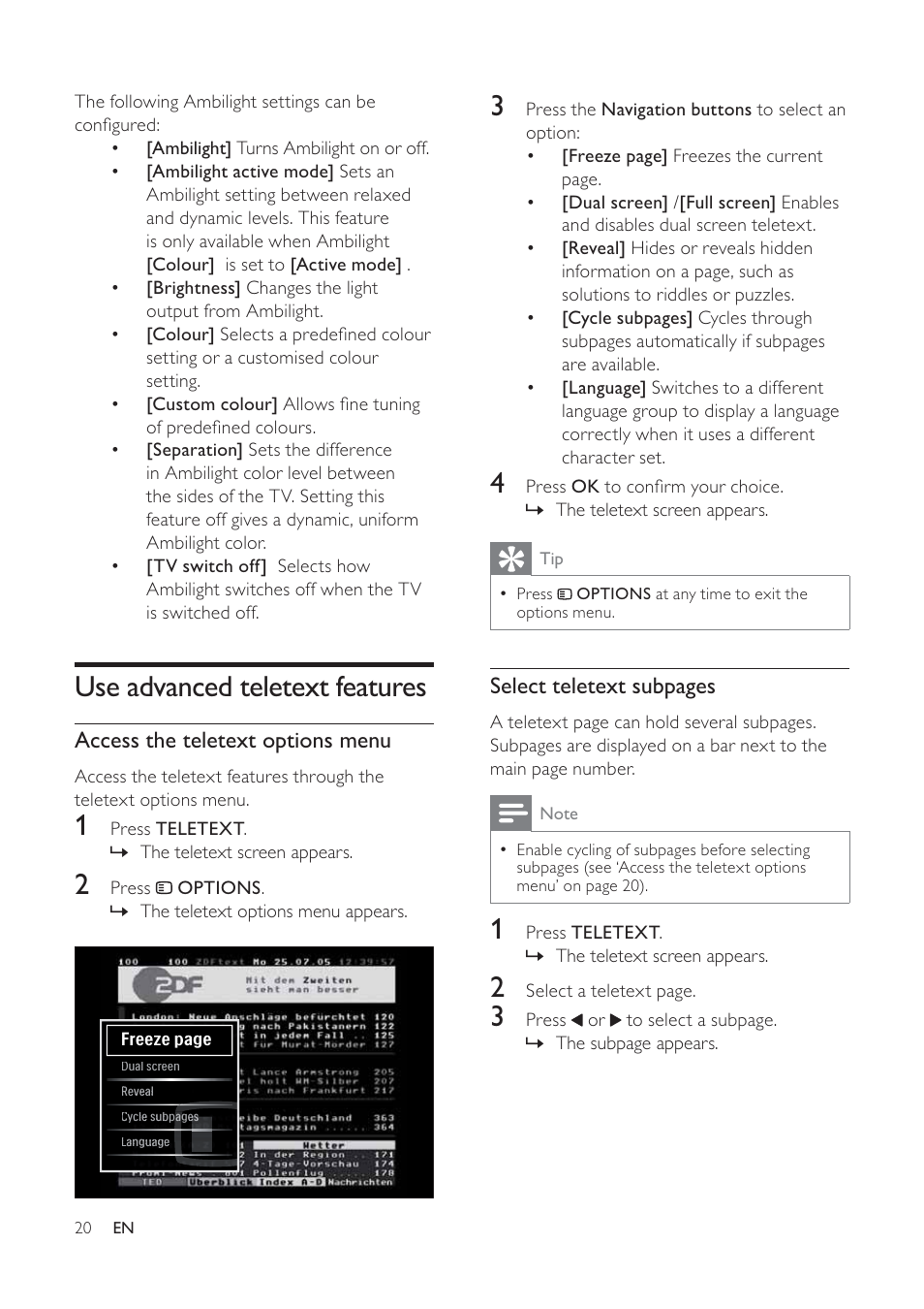 Use advanced teletext features, Select teletext subpages, Access the teletext options menu | Philips 32PFL7694H-12 User Manual | Page 21 / 76