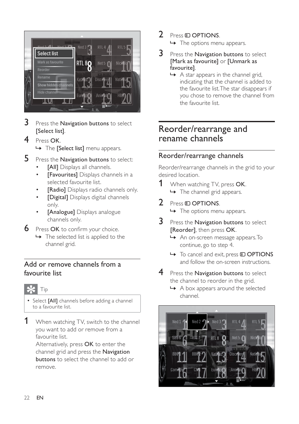 Reorder/rearrange and rename channels | Philips 32PFL7694H-12 User Manual | Page 23 / 76