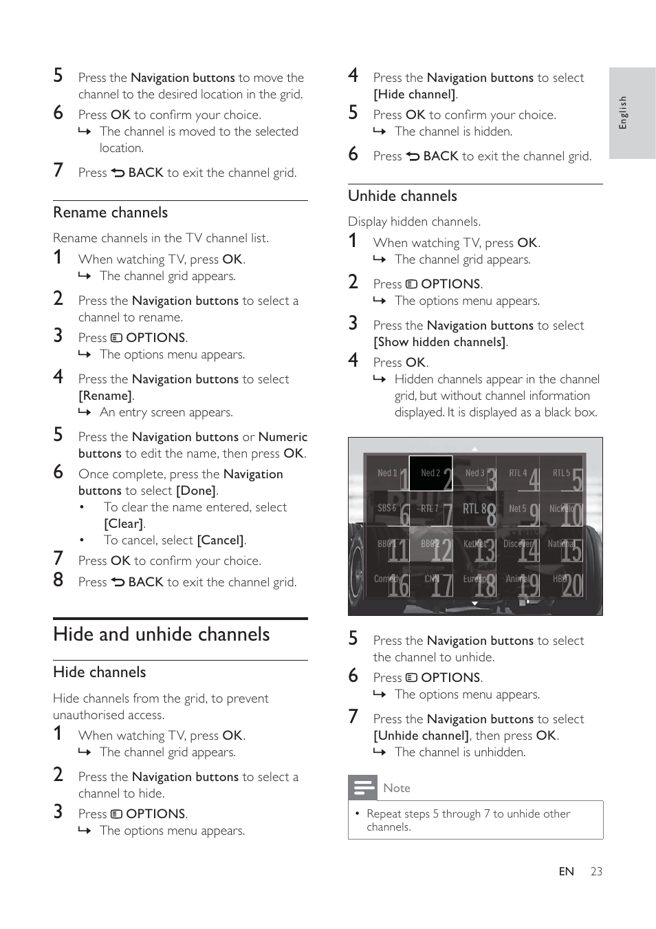 Hide and unhide channels | Philips 32PFL7694H-12 User Manual | Page 24 / 76