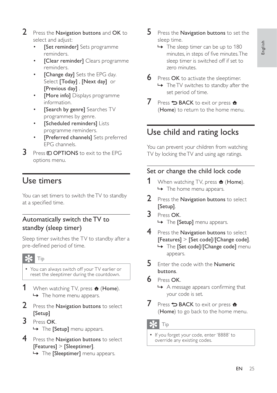 Use child and rating locks, Use timers | Philips 32PFL7694H-12 User Manual | Page 26 / 76