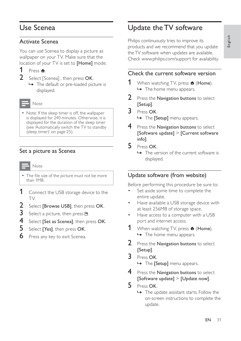 Update the tv software, Use scenea | Philips 32PFL7694H-12 User Manual | Page 32 / 76