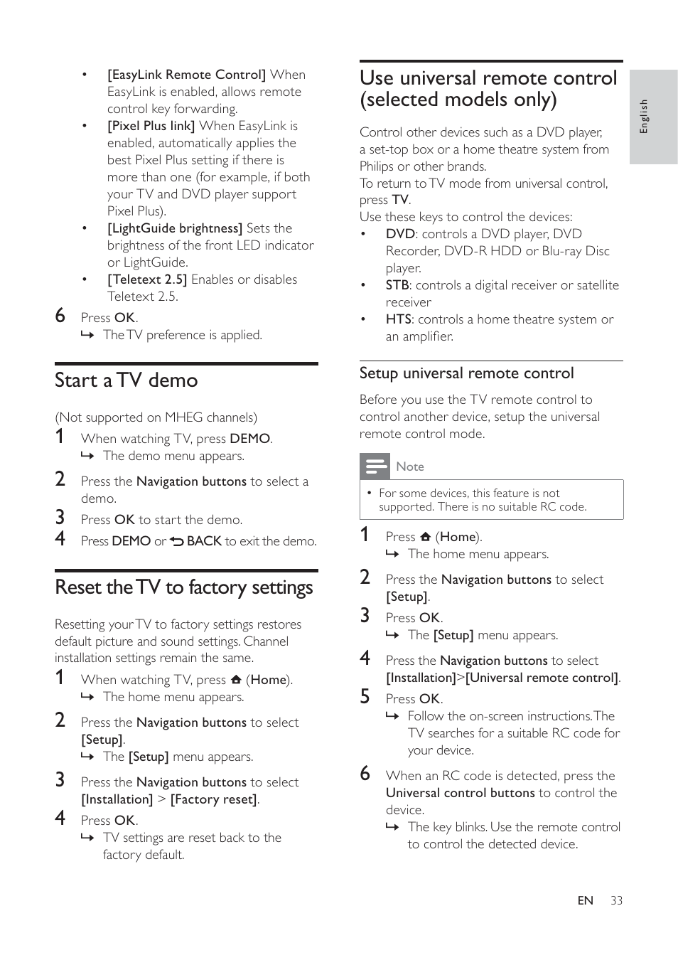 Start a tv demo, Reset the tv to factory settings | Philips 32PFL7694H-12 User Manual | Page 34 / 76