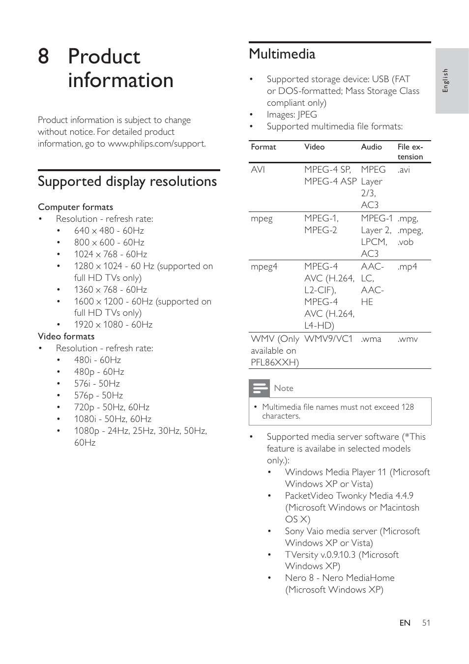 8 product information, Multimedia, Supported display resolutions | Philips 32PFL7694H-12 User Manual | Page 52 / 76